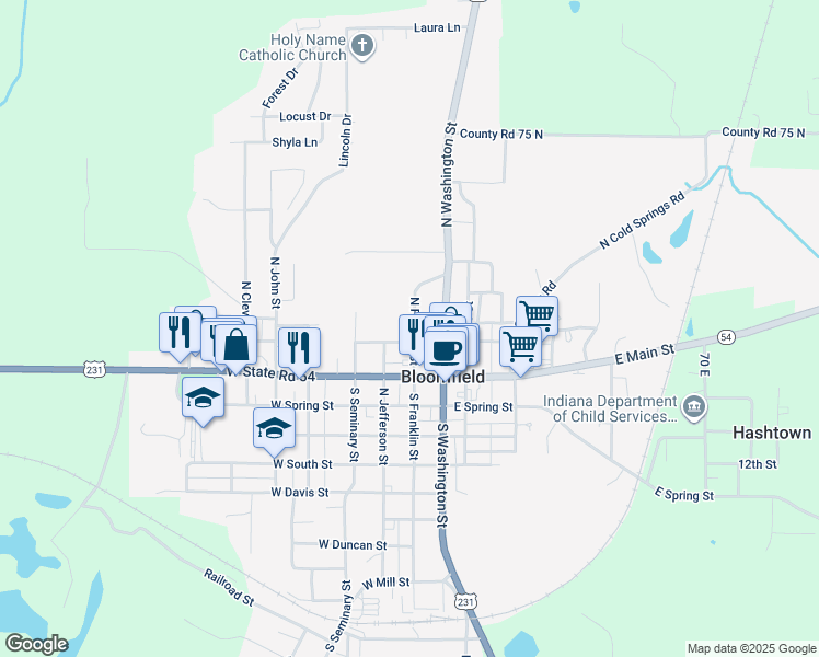 map of restaurants, bars, coffee shops, grocery stores, and more near 146 North Franklin Street in Bloomfield