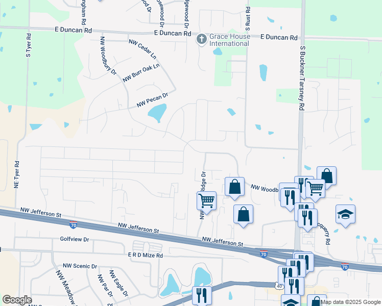 map of restaurants, bars, coffee shops, grocery stores, and more near 613 Northwest Woodbury Drive in Grain Valley