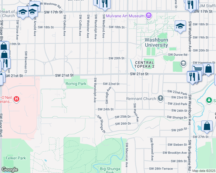 map of restaurants, bars, coffee shops, grocery stores, and more near 2205 Southwest High Avenue in Topeka