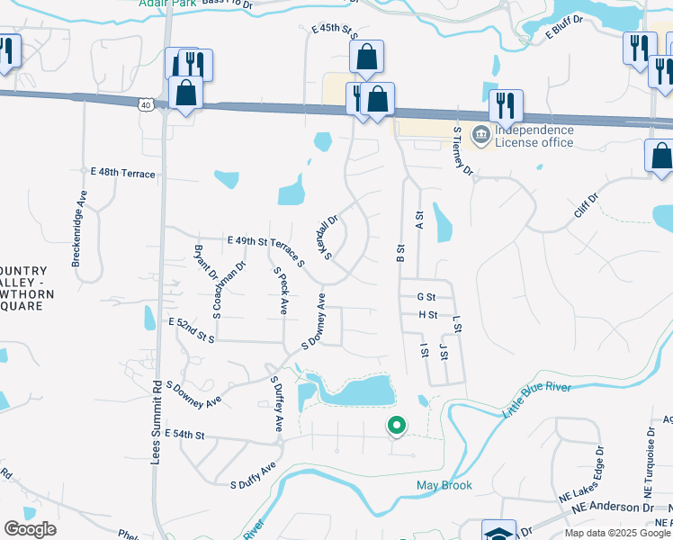 map of restaurants, bars, coffee shops, grocery stores, and more near 5008 Kendall Drive in Independence