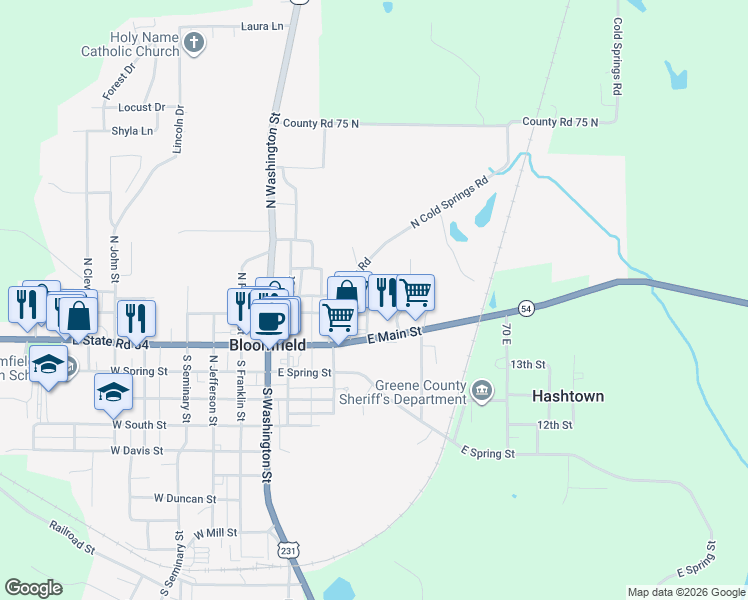 map of restaurants, bars, coffee shops, grocery stores, and more near 33 Eastview Drive in Bloomfield
