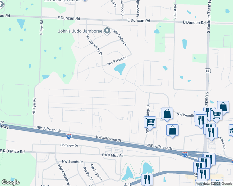 map of restaurants, bars, coffee shops, grocery stores, and more near 1300 Northwest Hilltop Lane in Grain Valley