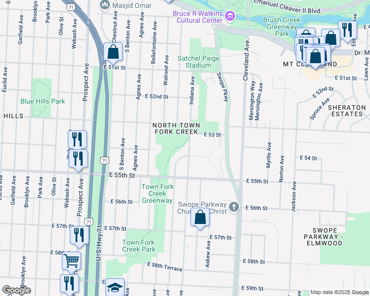 map of restaurants, bars, coffee shops, grocery stores, and more near 5314 Indiana Avenue in Kansas City