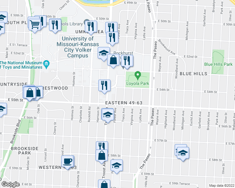 map of restaurants, bars, coffee shops, grocery stores, and more near 5417 Forest Avenue in Kansas City
