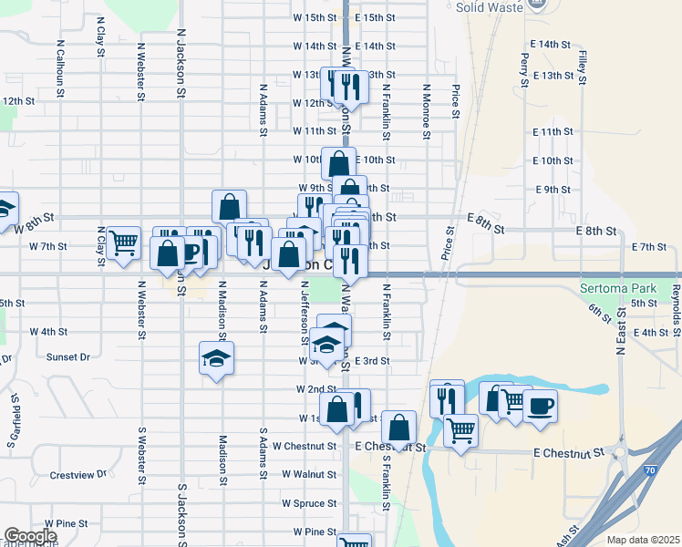 map of restaurants, bars, coffee shops, grocery stores, and more near 600 North Washington Street in Junction City