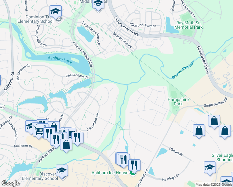 map of restaurants, bars, coffee shops, grocery stores, and more near 21297 Cameron Hunt Place in Ashburn