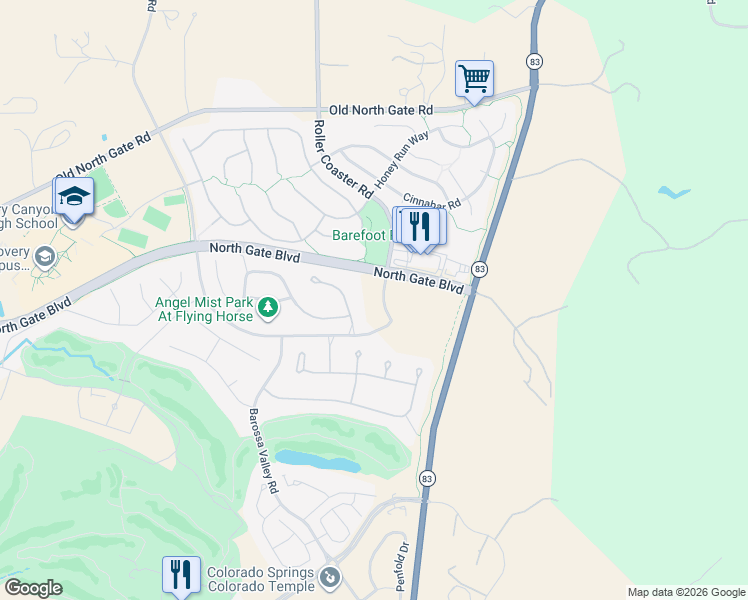 map of restaurants, bars, coffee shops, grocery stores, and more near 13506 Roller Coaster Road in Colorado Springs