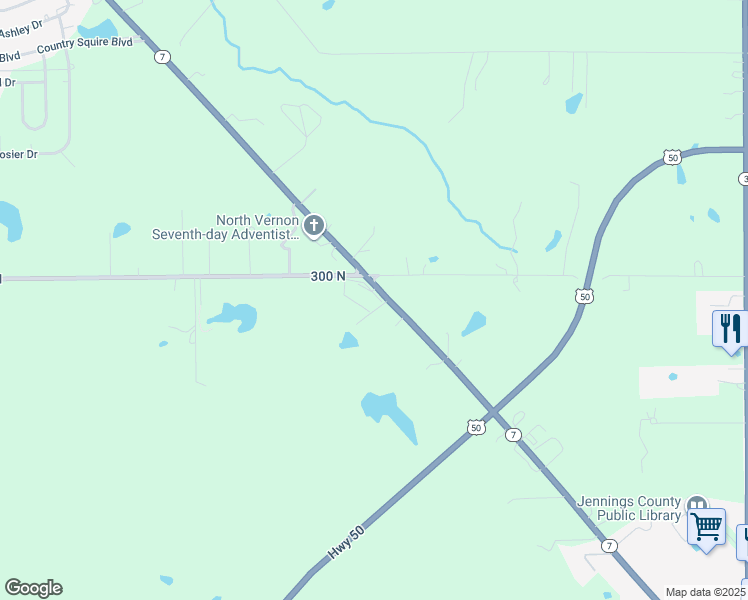 map of restaurants, bars, coffee shops, grocery stores, and more near 2990 State Highway 7 in North Vernon