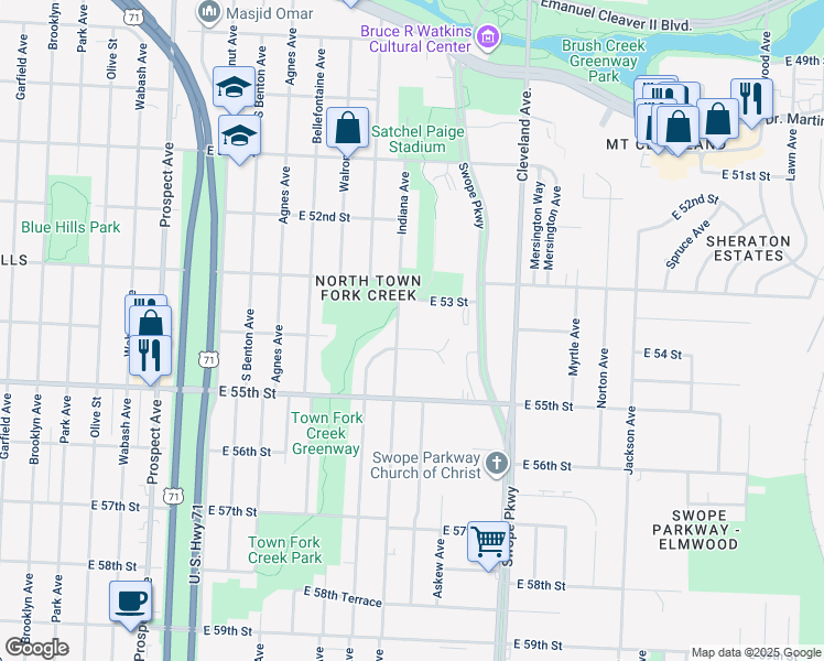 map of restaurants, bars, coffee shops, grocery stores, and more near 3408 East 54 Street in Kansas City