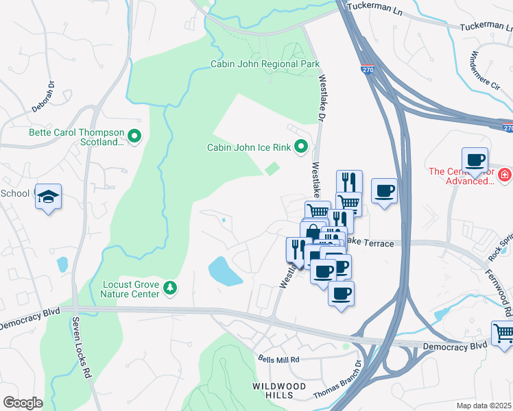 map of restaurants, bars, coffee shops, grocery stores, and more near 10550 Westlake Drive in Bethesda
