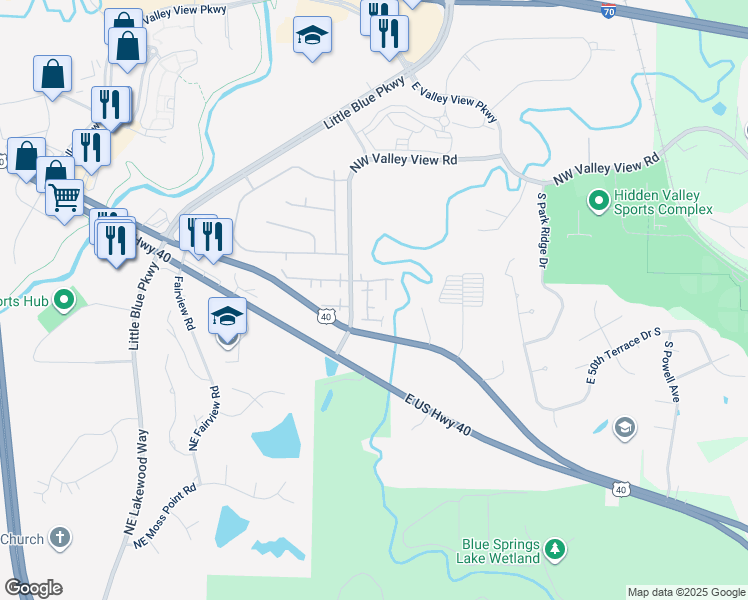 map of restaurants, bars, coffee shops, grocery stores, and more near 40 South Valley View Road in Blue Springs