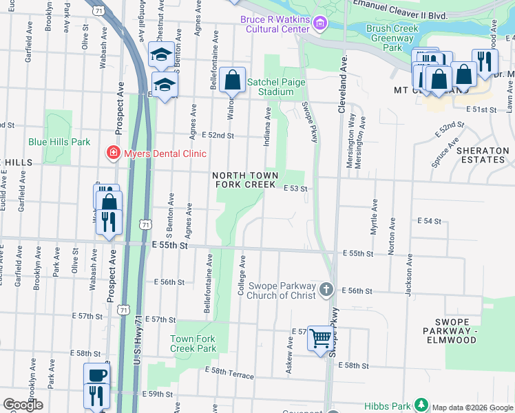 map of restaurants, bars, coffee shops, grocery stores, and more near 5314 Indiana Avenue in Kansas City