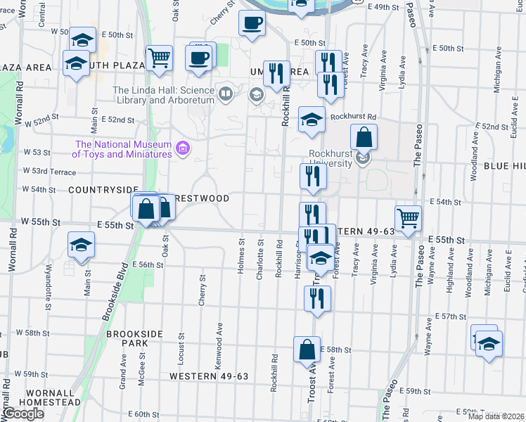 map of restaurants, bars, coffee shops, grocery stores, and more near 5412 Rockhill Road in Kansas City