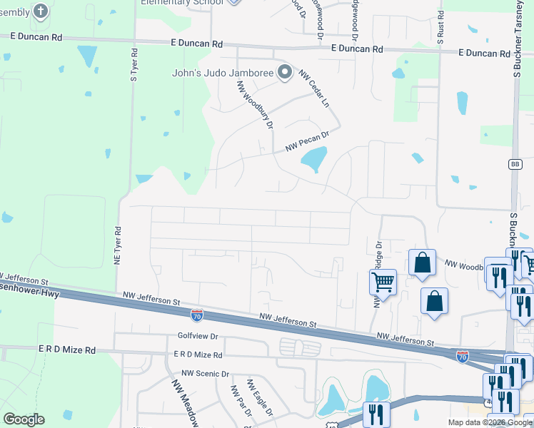 map of restaurants, bars, coffee shops, grocery stores, and more near 1300 Northwest Hilltop Lane in Grain Valley