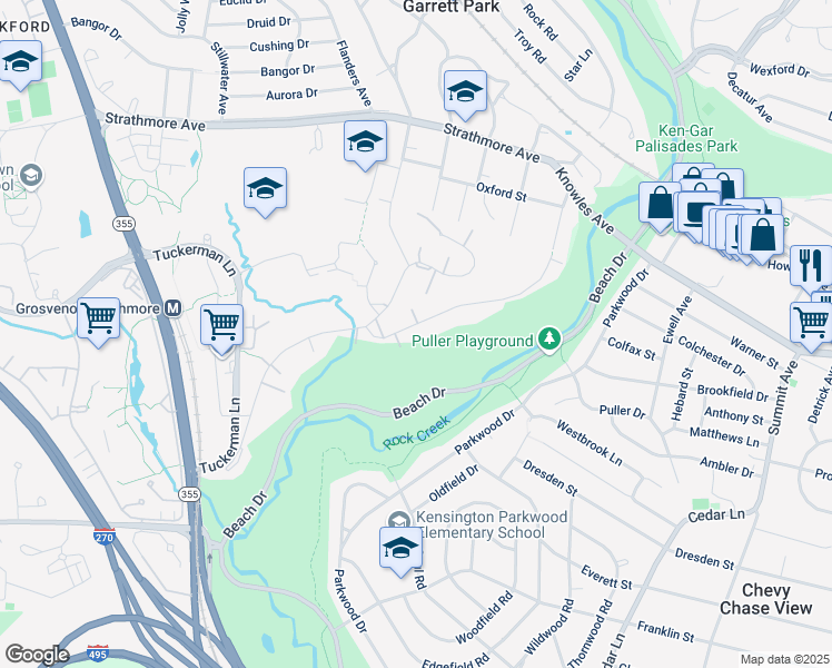 map of restaurants, bars, coffee shops, grocery stores, and more near 10631 Weymouth Street in Bethesda