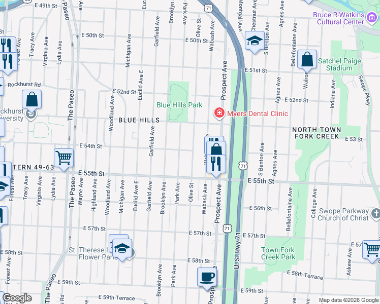 map of restaurants, bars, coffee shops, grocery stores, and more near 5347 Olive Street in Kansas City