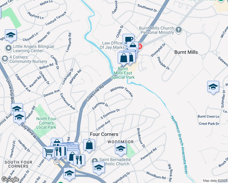 map of restaurants, bars, coffee shops, grocery stores, and more near 121 Whitmoor Terrace in Silver Spring
