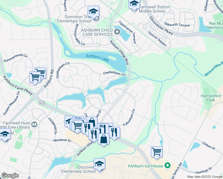 map of restaurants, bars, coffee shops, grocery stores, and more near 44090 Saxony Terrace in Ashburn