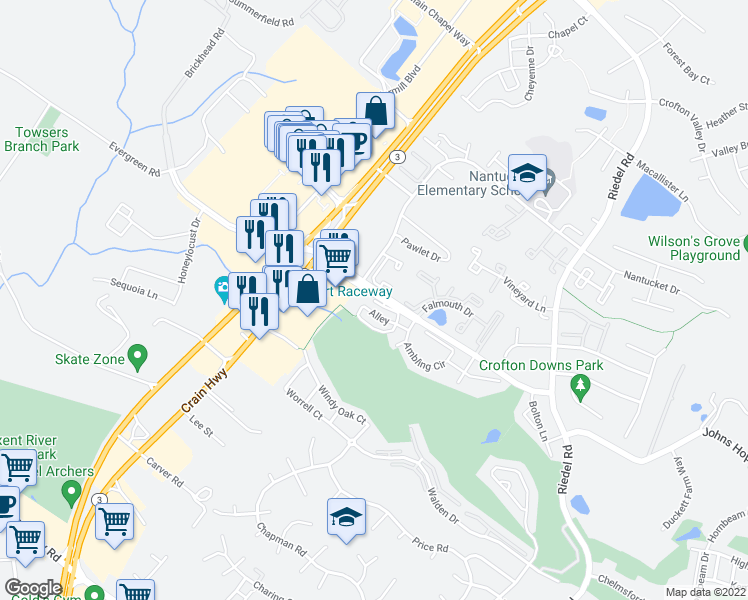 map of restaurants, bars, coffee shops, grocery stores, and more near 2506 Airy Hill Court in Crofton