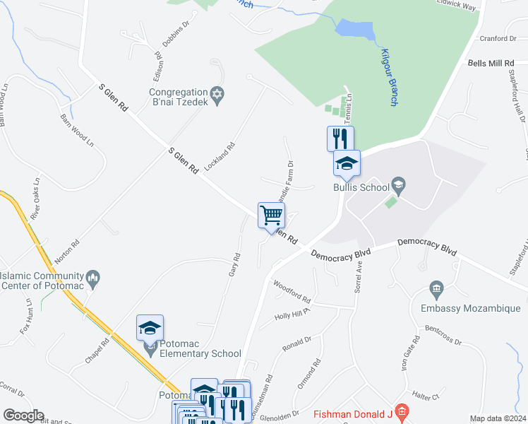 map of restaurants, bars, coffee shops, grocery stores, and more near 10700 Normandie Farm Drive in Rockville