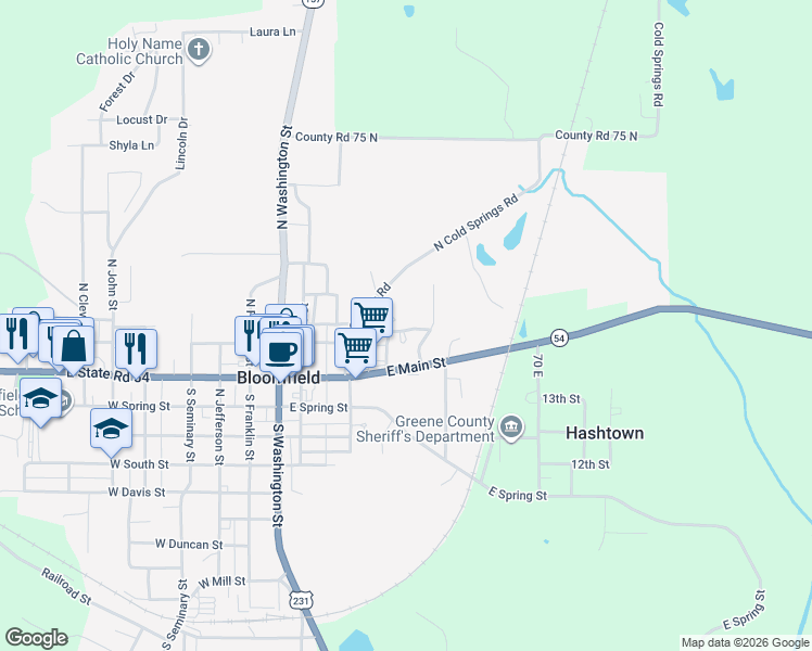 map of restaurants, bars, coffee shops, grocery stores, and more near 33 Eastview Drive in Bloomfield