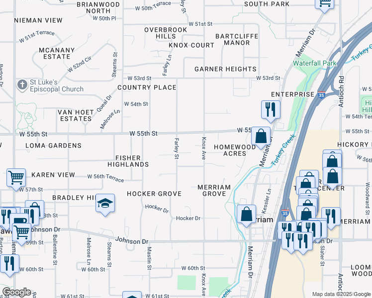 map of restaurants, bars, coffee shops, grocery stores, and more near 9808 West 56th Street in Shawnee