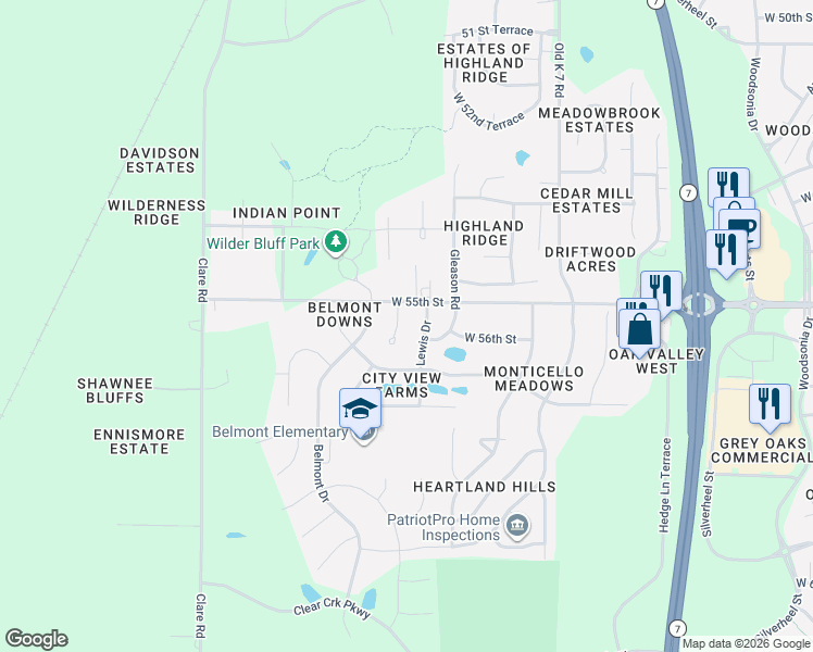 map of restaurants, bars, coffee shops, grocery stores, and more near 5585 McCormick Drive in Shawnee