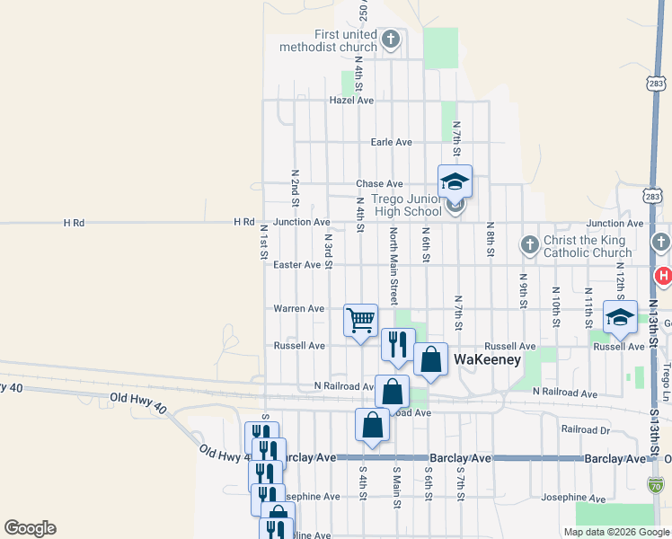 map of restaurants, bars, coffee shops, grocery stores, and more near 301-349 Easter Avenue in WaKeeney