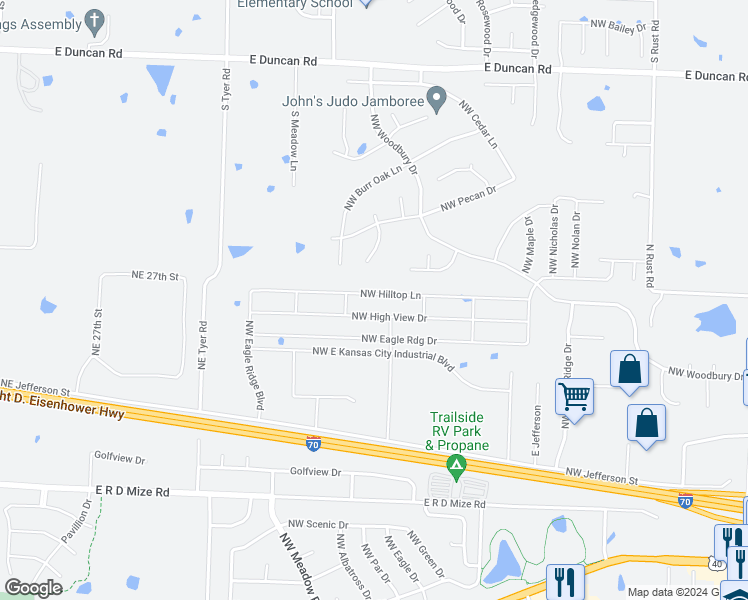 map of restaurants, bars, coffee shops, grocery stores, and more near 1307 Northwest Hilltop Lane in Grain Valley