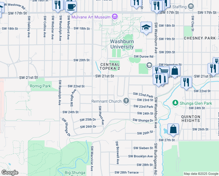 map of restaurants, bars, coffee shops, grocery stores, and more near 2212 Southwest Boswell Court in Topeka