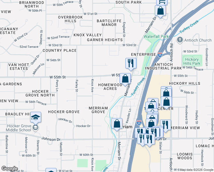 map of restaurants, bars, coffee shops, grocery stores, and more near 9512 West 56th Street in Shawnee