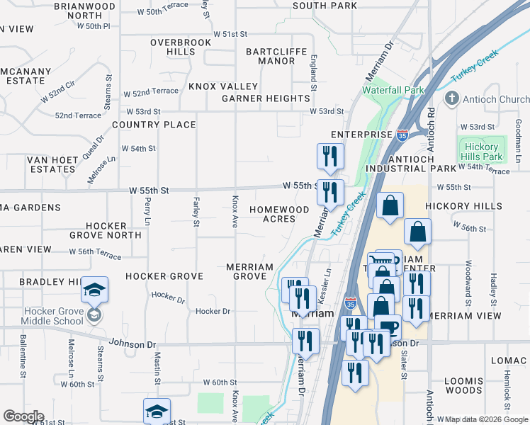 map of restaurants, bars, coffee shops, grocery stores, and more near 9512 West 56th Street in Shawnee