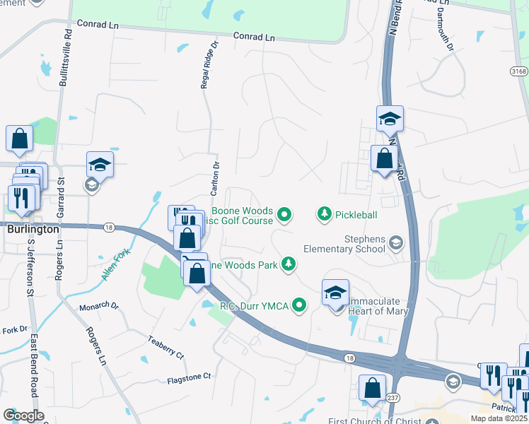 map of restaurants, bars, coffee shops, grocery stores, and more near 2231 Teal Briar Lane in Burlington