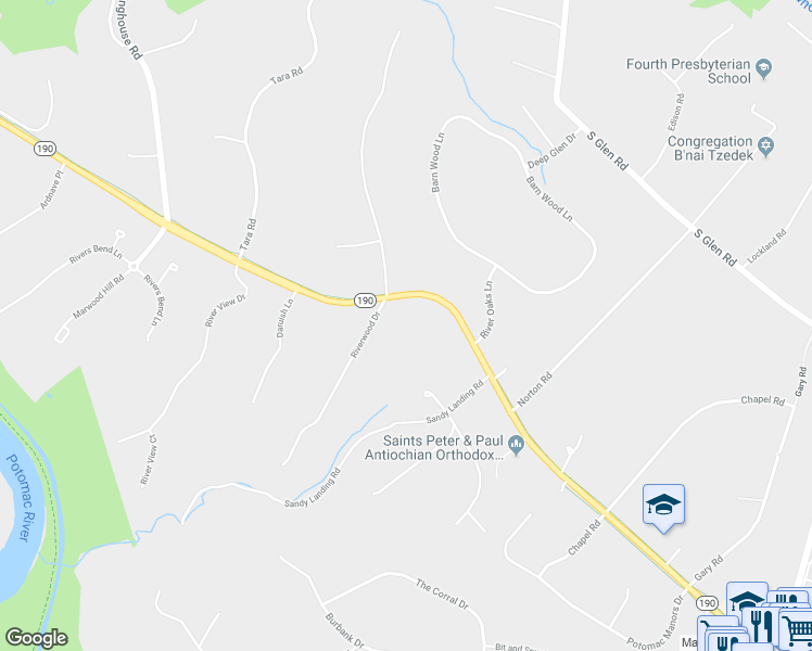 map of restaurants, bars, coffee shops, grocery stores, and more near 11030 River Road in Rockville