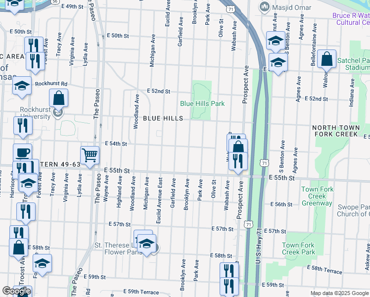 map of restaurants, bars, coffee shops, grocery stores, and more near 5400 Brooklyn Avenue in Kansas City