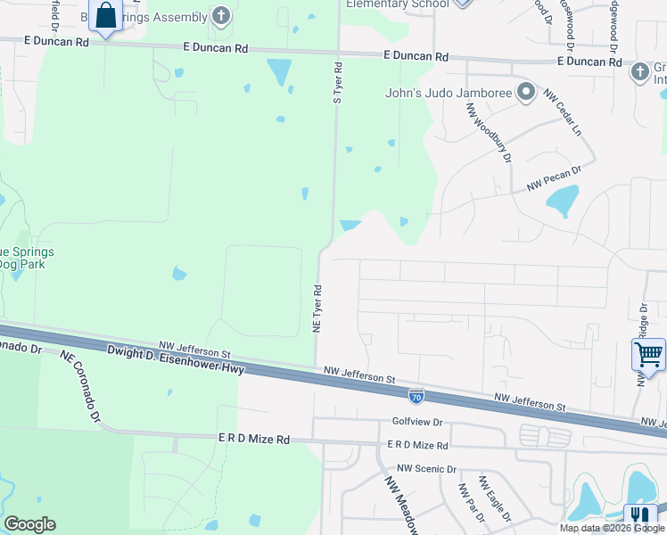 map of restaurants, bars, coffee shops, grocery stores, and more near 1612 Northwest Eagle Ridge Boulevard in Grain Valley