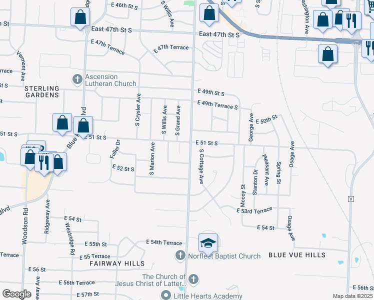 map of restaurants, bars, coffee shops, grocery stores, and more near 5109 South Norfleet Road in Independence