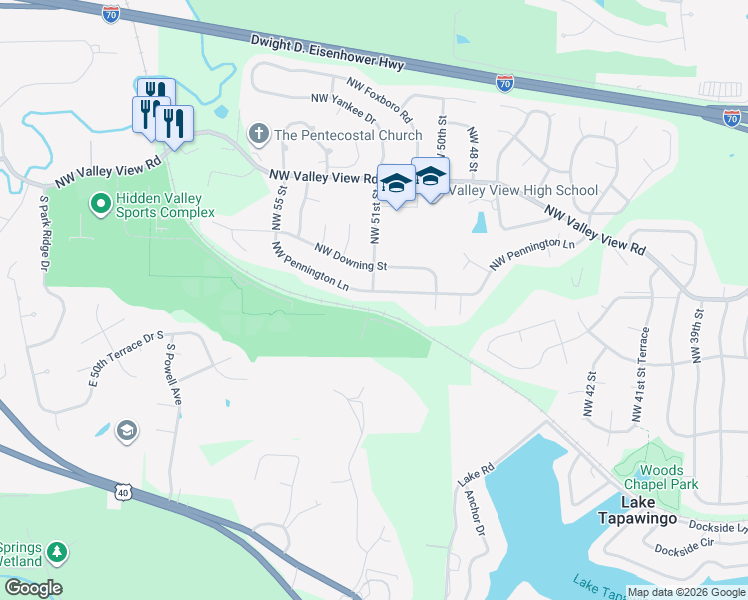 map of restaurants, bars, coffee shops, grocery stores, and more near 5016 Northwest Pennington Lane in Blue Springs