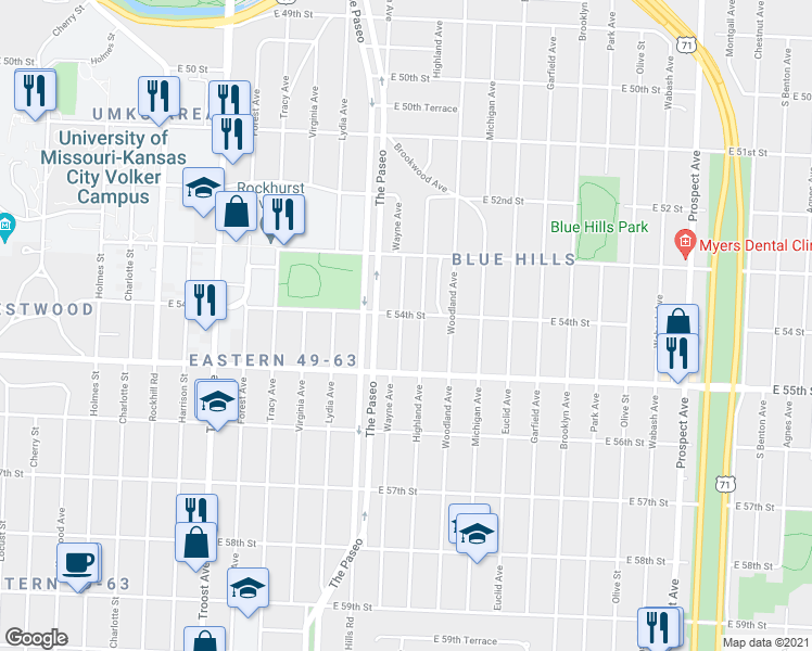 map of restaurants, bars, coffee shops, grocery stores, and more near 5405 Wayne Avenue in Kansas City