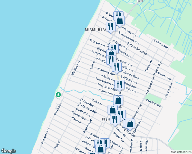 map of restaurants, bars, coffee shops, grocery stores, and more near 135 Pennsylvania Avenue in Lower Township