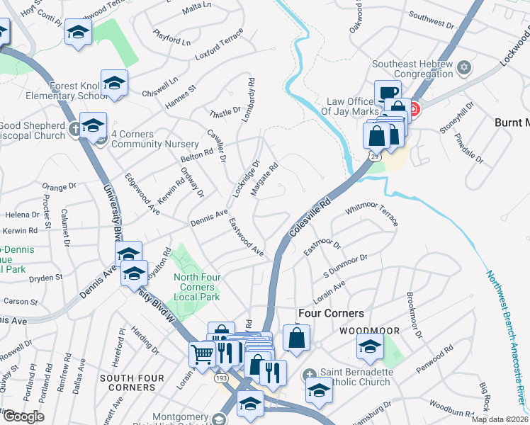 map of restaurants, bars, coffee shops, grocery stores, and more near 133 Kinsman View Circle in Silver Spring