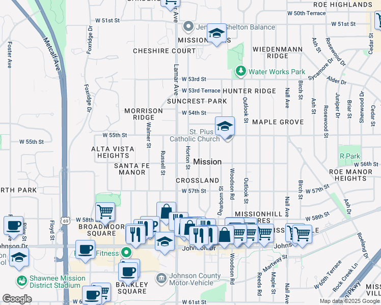 map of restaurants, bars, coffee shops, grocery stores, and more near 5531 Horton Street in Mission