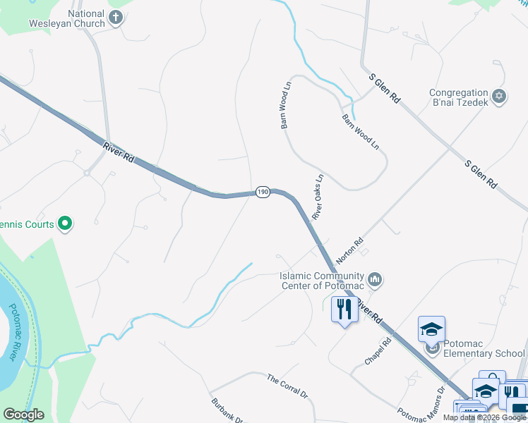 map of restaurants, bars, coffee shops, grocery stores, and more near 11030 River Road in Potomac