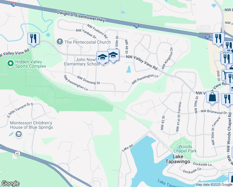 map of restaurants, bars, coffee shops, grocery stores, and more near 912 Northwest Downing Court in Blue Springs