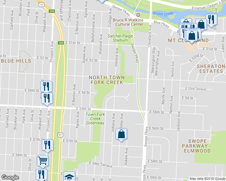 map of restaurants, bars, coffee shops, grocery stores, and more near 5314 Indiana Avenue in Kansas City