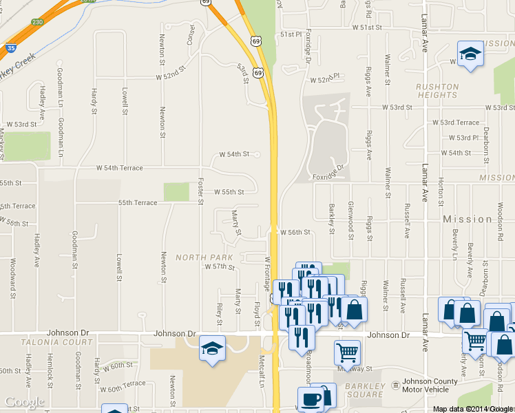 map of restaurants, bars, coffee shops, grocery stores, and more near 7203 West 55th Street in Mission