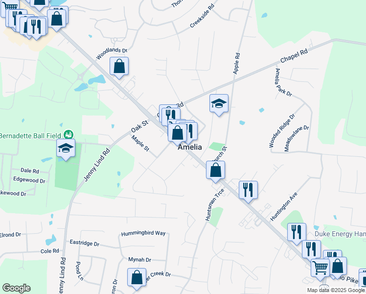 map of restaurants, bars, coffee shops, grocery stores, and more near 18 West Main Street in Amelia