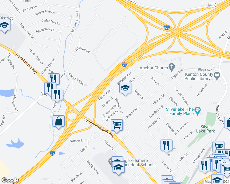 map of restaurants, bars, coffee shops, grocery stores, and more near 547 Greenfield Lane in Erlanger