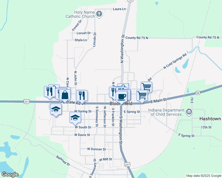 map of restaurants, bars, coffee shops, grocery stores, and more near 146 North Franklin Street in Bloomfield