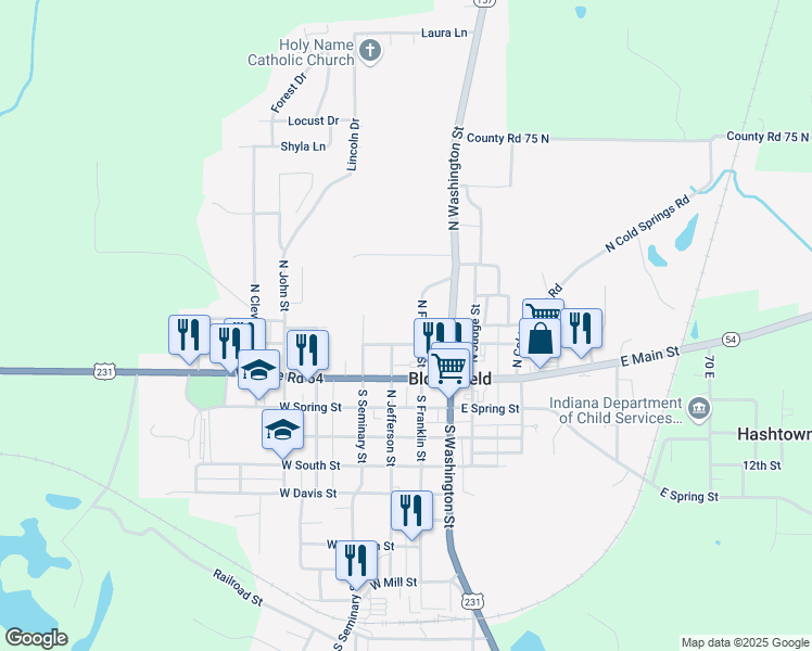 map of restaurants, bars, coffee shops, grocery stores, and more near 146 North Franklin Street in Bloomfield